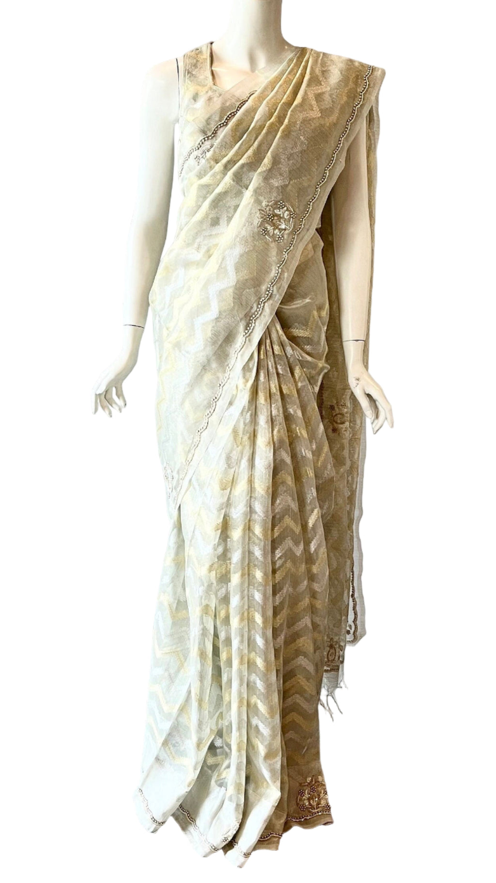 Grey and Gold Color Tissue Silk Saree
