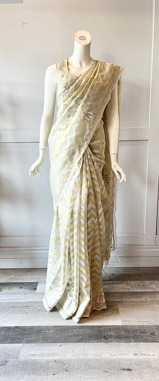 Grey and Gold Color Tissue Silk Saree