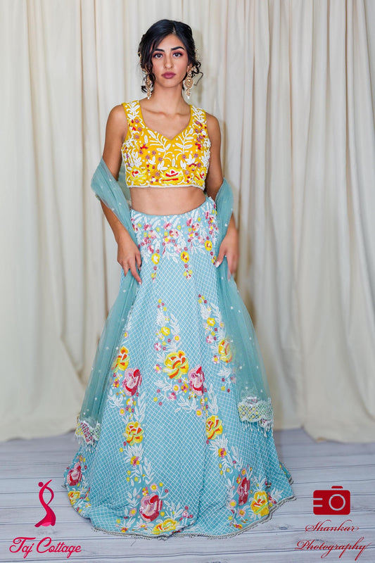 Sky Blue & White Pearl Lehnga