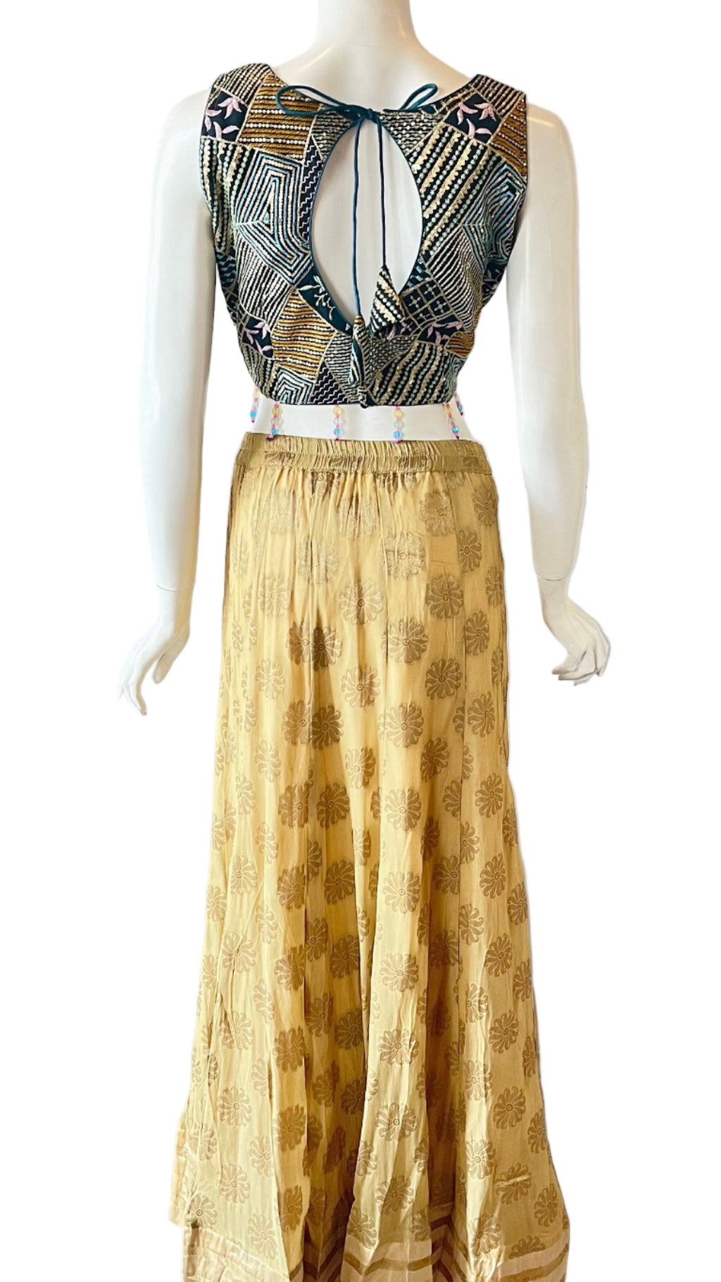 Gold & Blue Embroidered Sleevless Lehnga
