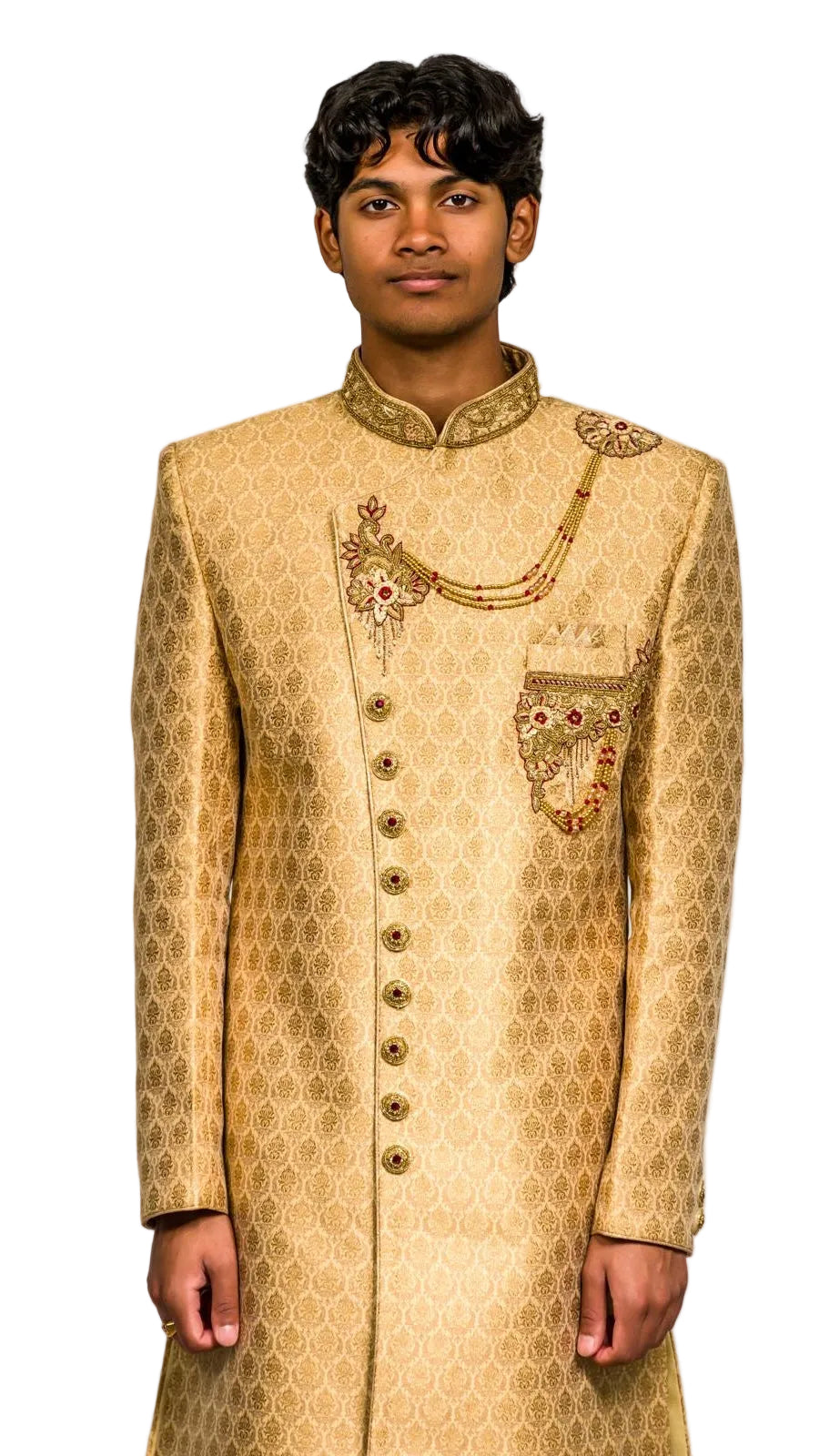 Gold &amp; Maroon Color Sherwani Set