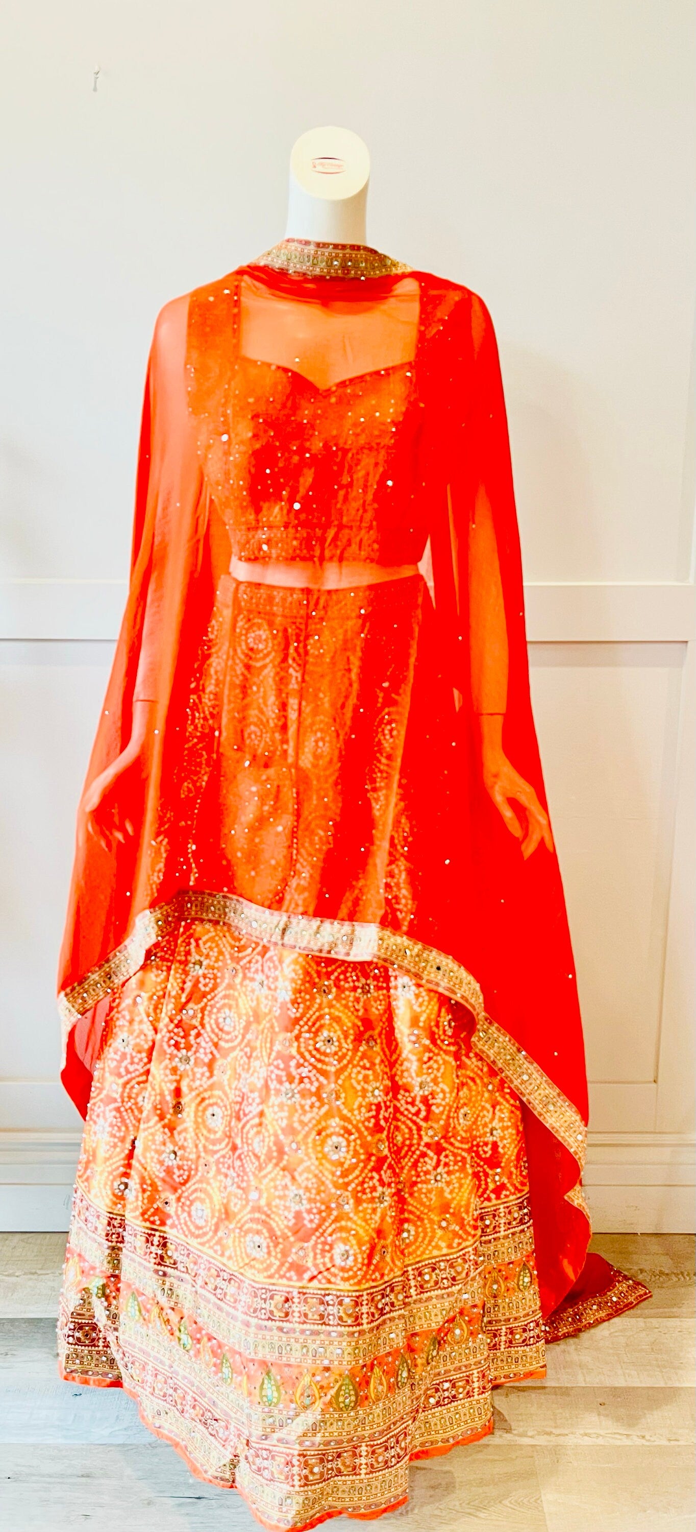 Orange Layered Embroidered Lehnga