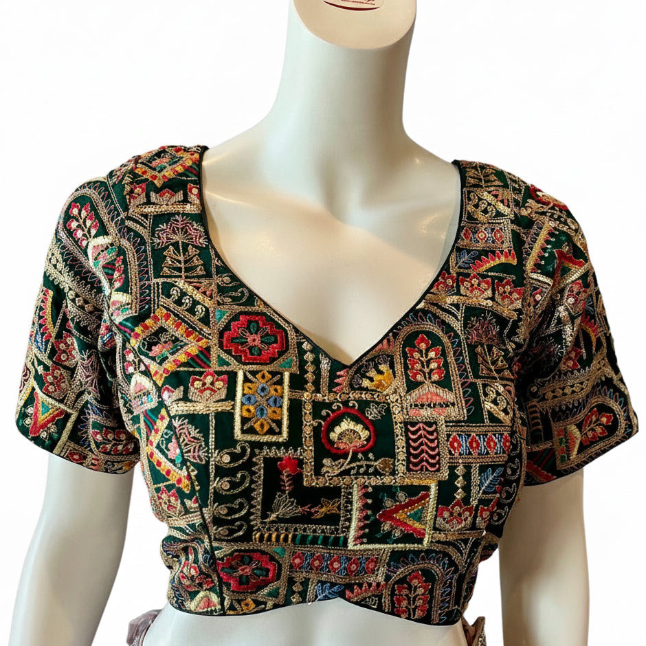 Green Embroidered Blouse with Tassels