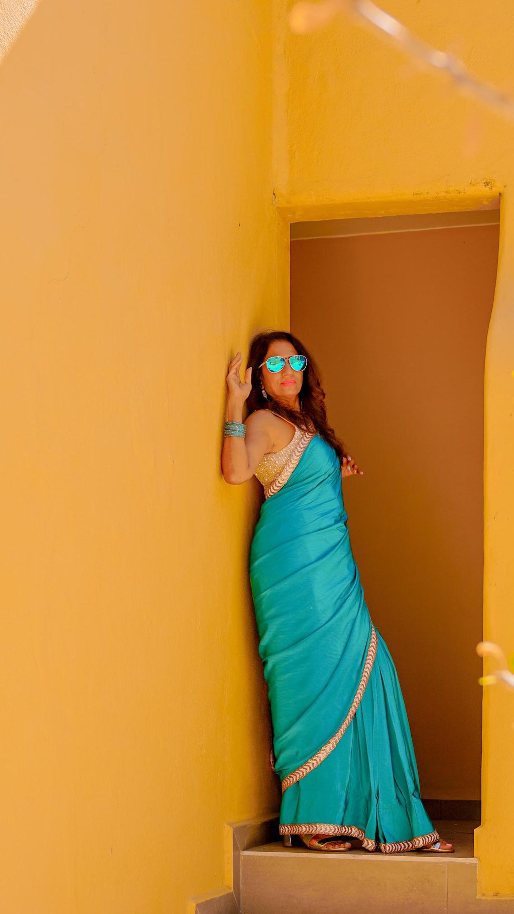 Cyan Crepe Readymade Saree
