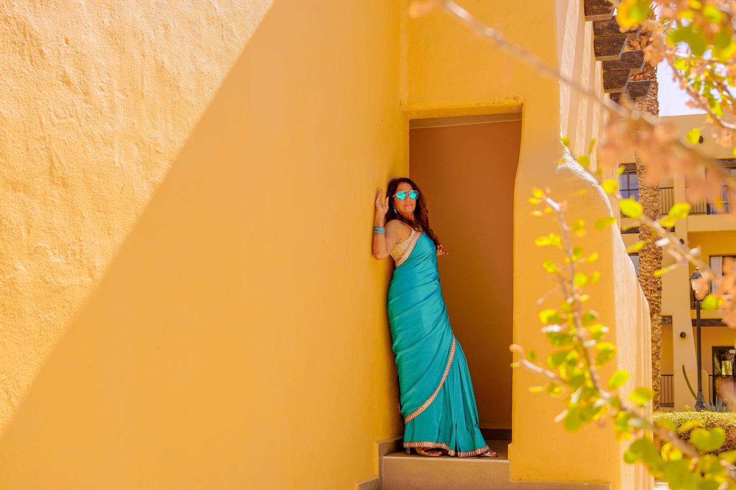 Cyan Crepe Readymade Saree