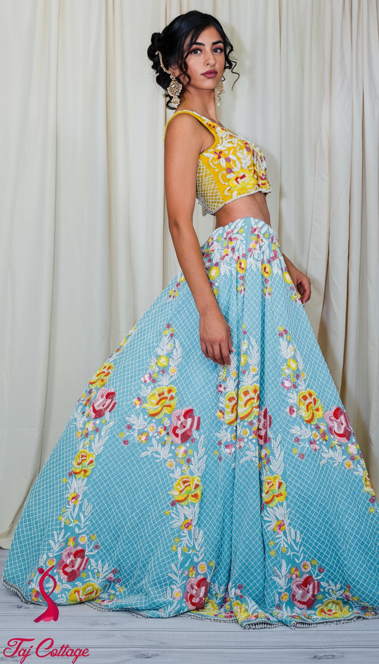 Sky Blue and White Pearl Lehnga