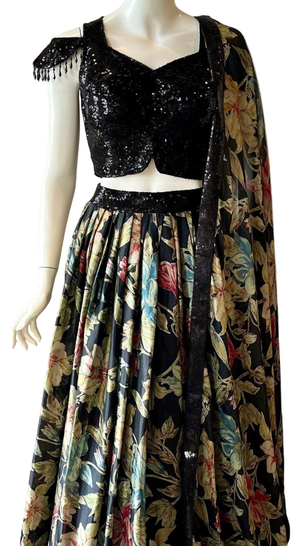 Floral Printed Black Lehnga