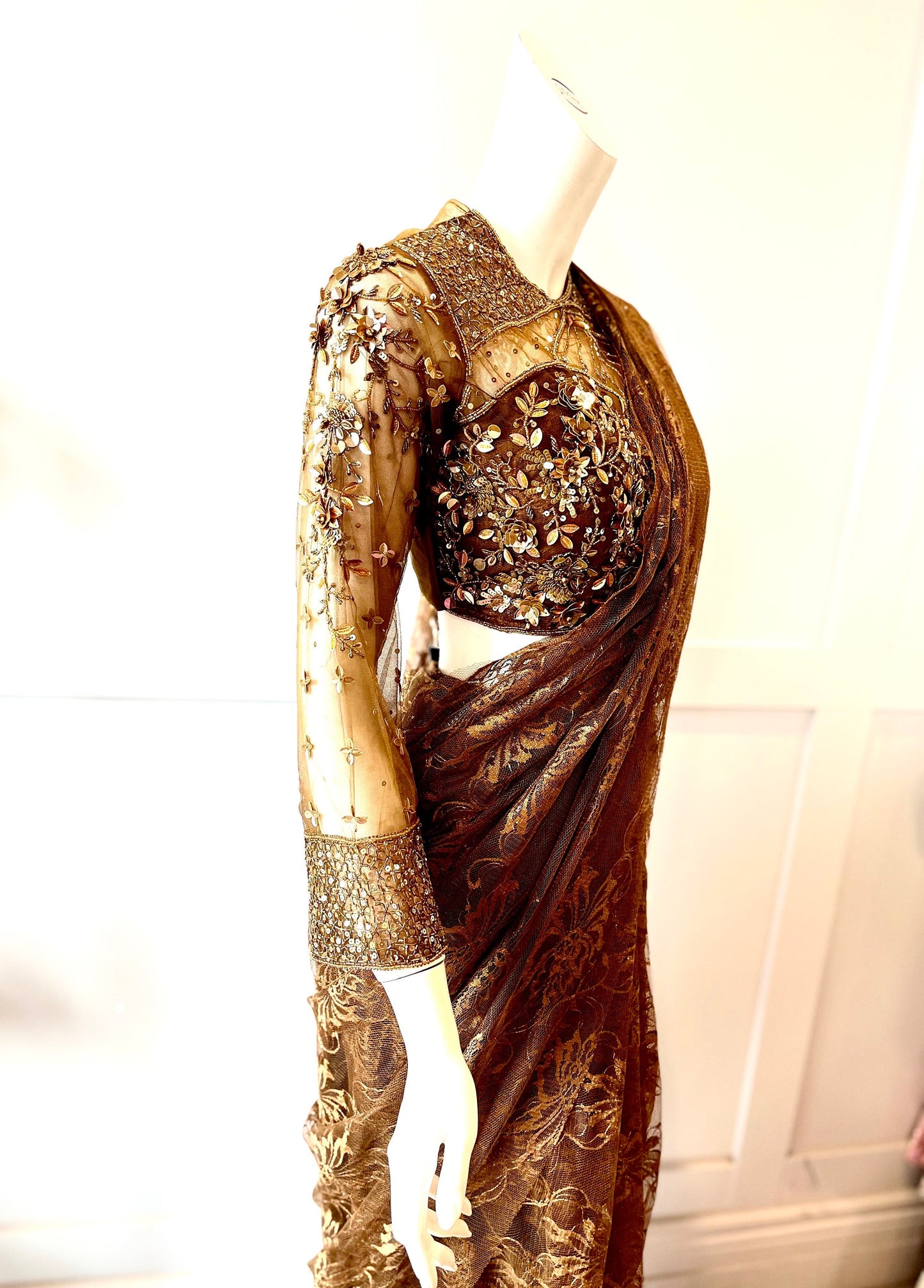 Brown color  Net ready-made saree