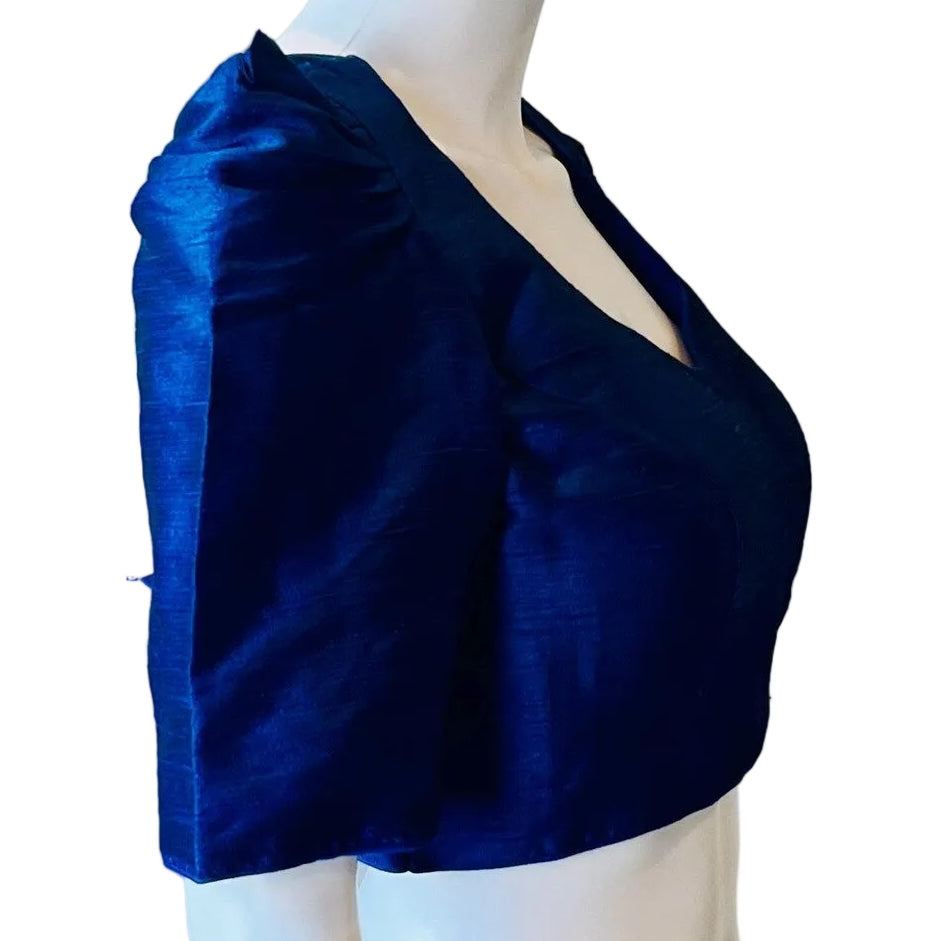 Blue Silk Blouse with Gathered Sleeves