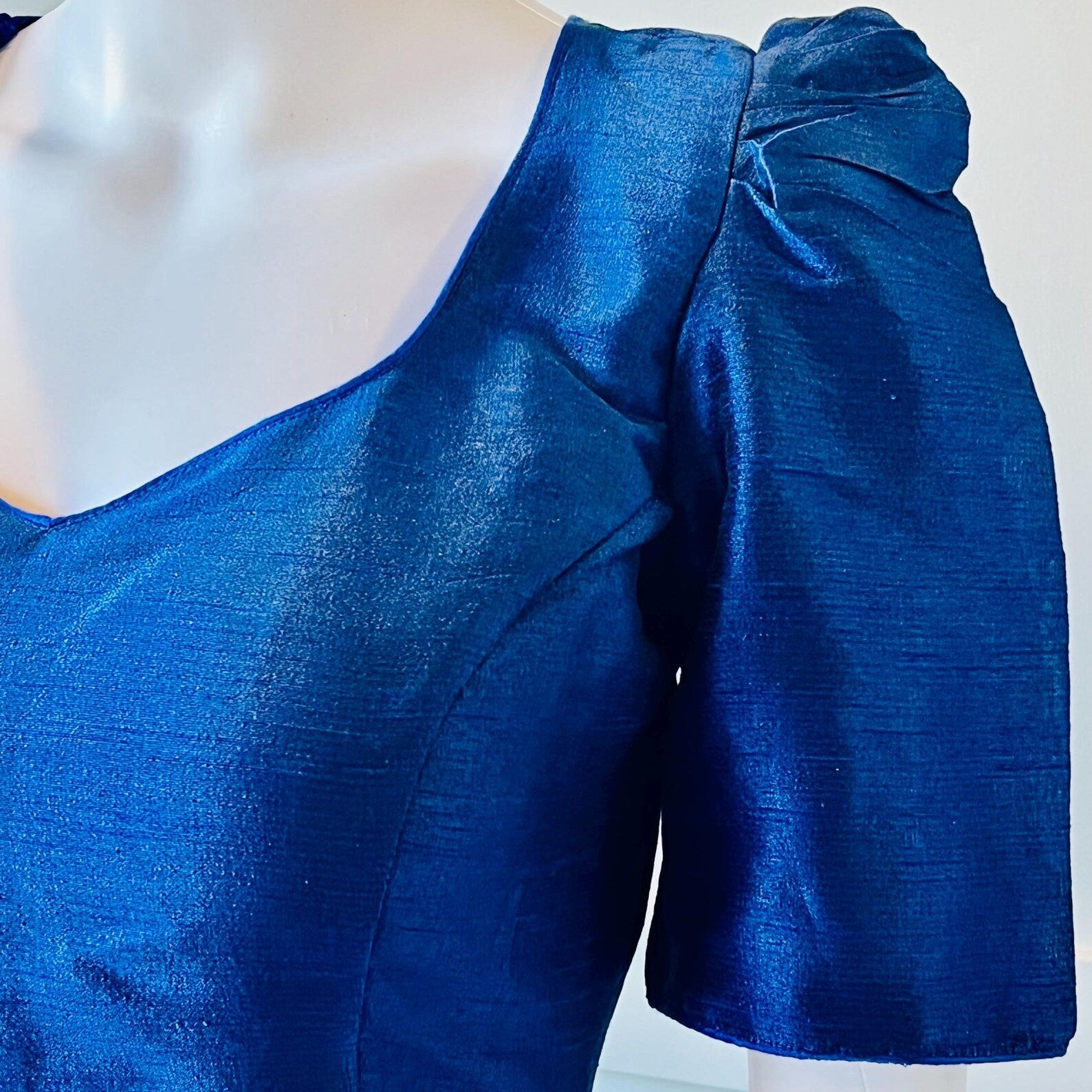 Blue Silk Blouse with Gathered Sleeves