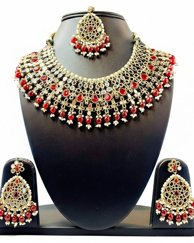 Gold Mirror With Red Kundan Set
