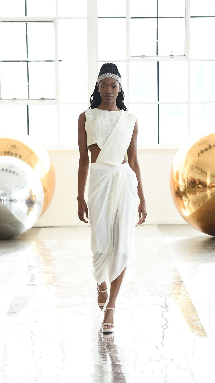 Cream Draped Saree Skirt Set