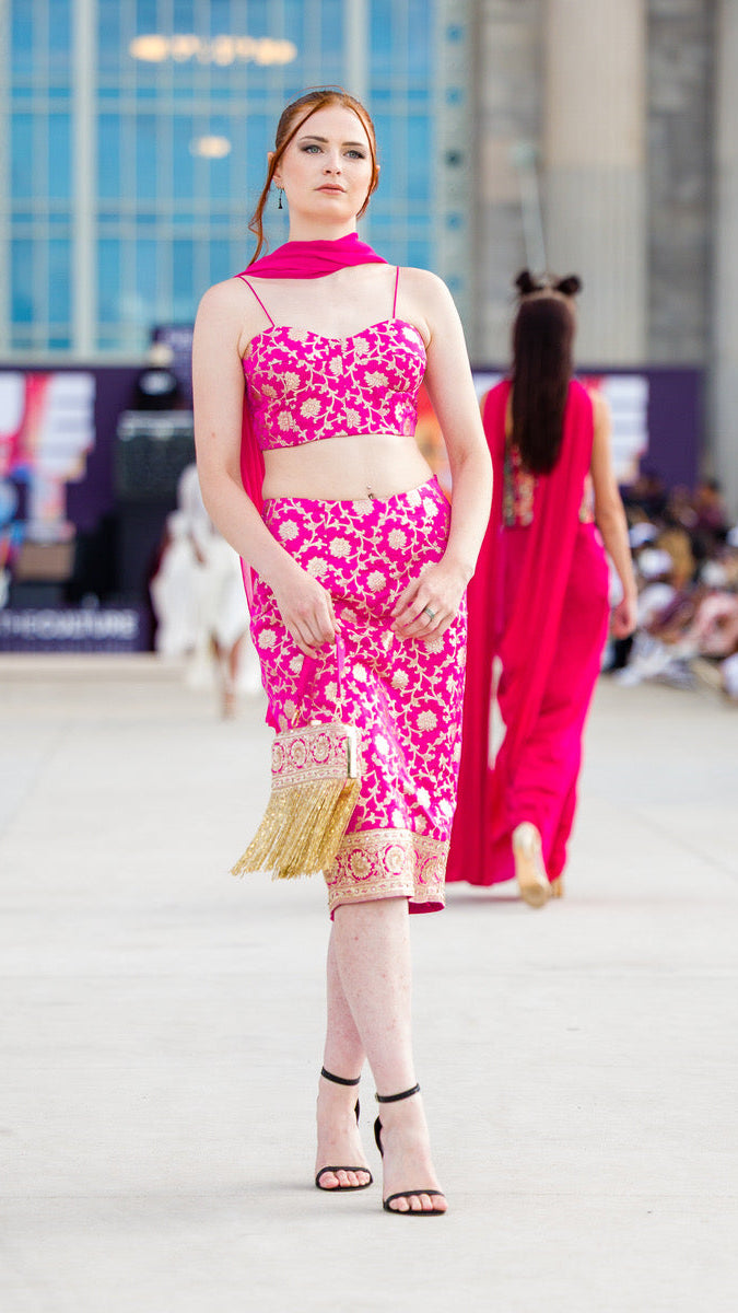 Pink Fitted Skirt with Crop Top