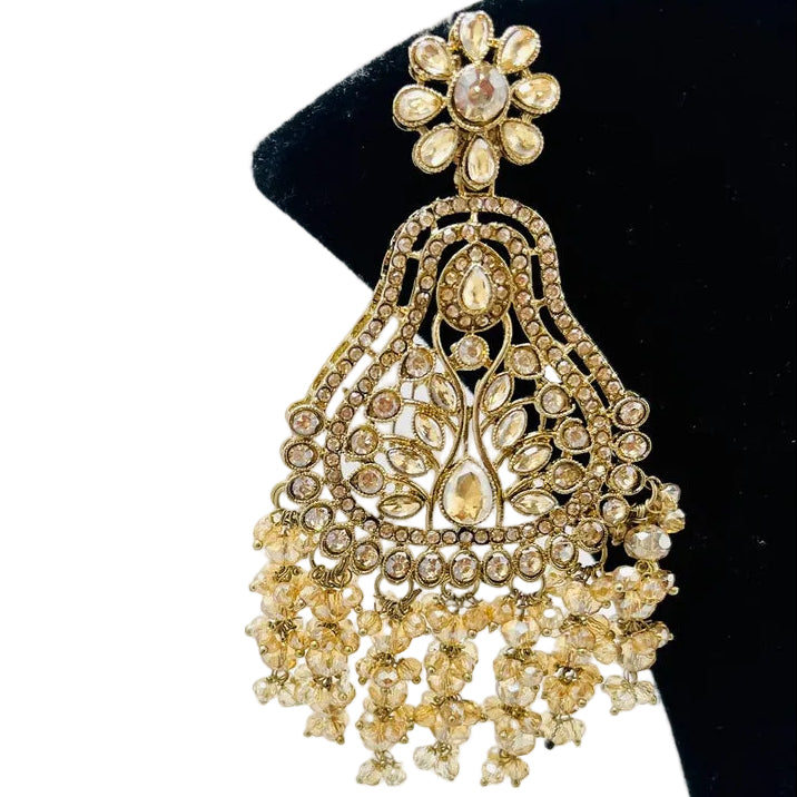 Gold Kundan Earrings With Ear Extensions & Pearls