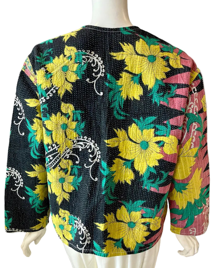 Blue & Yellow Floral Kantha Work Jacket