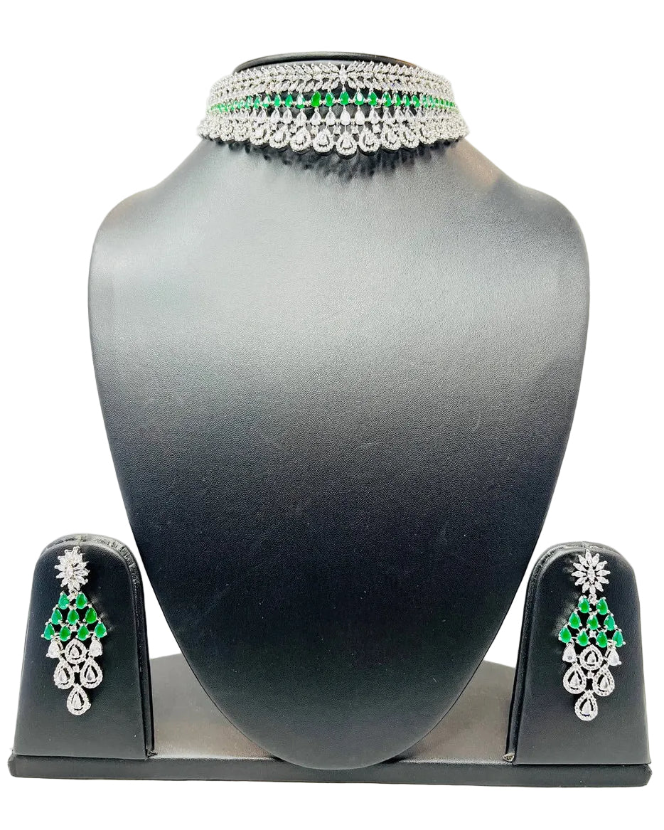 Green American Diamond Necklace Set