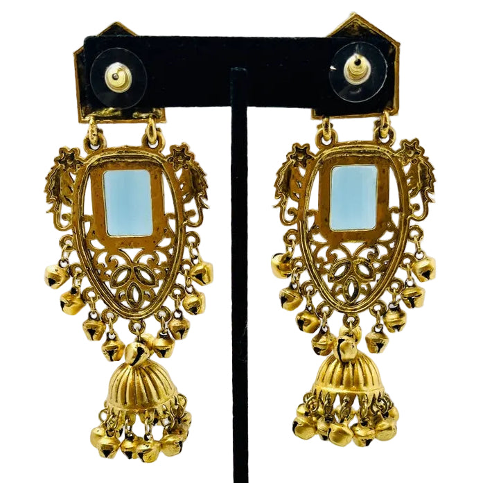 Gold & Sky-blue Jhumka Earrings