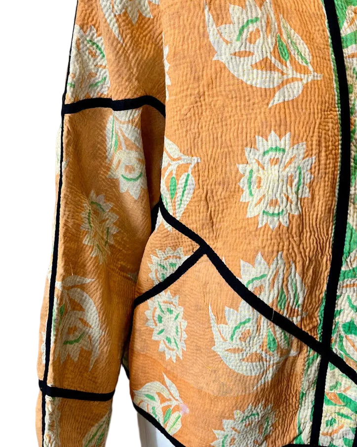 Orange & Green Reversible Floral Kantha Work Jacket