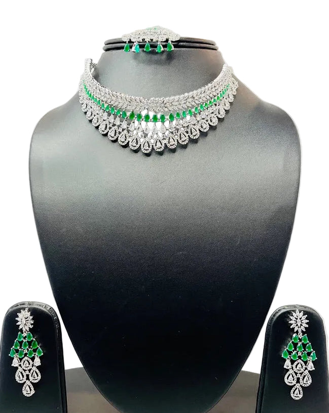 Green American Diamond Necklace Set