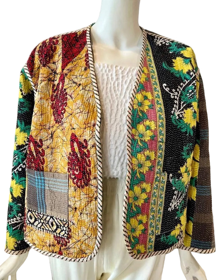 Blue & Yellow Floral Kantha Work Jacket