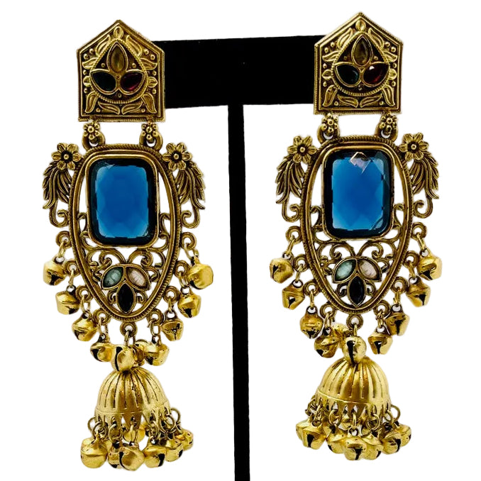 Gold & Blue Jhumka Earrings