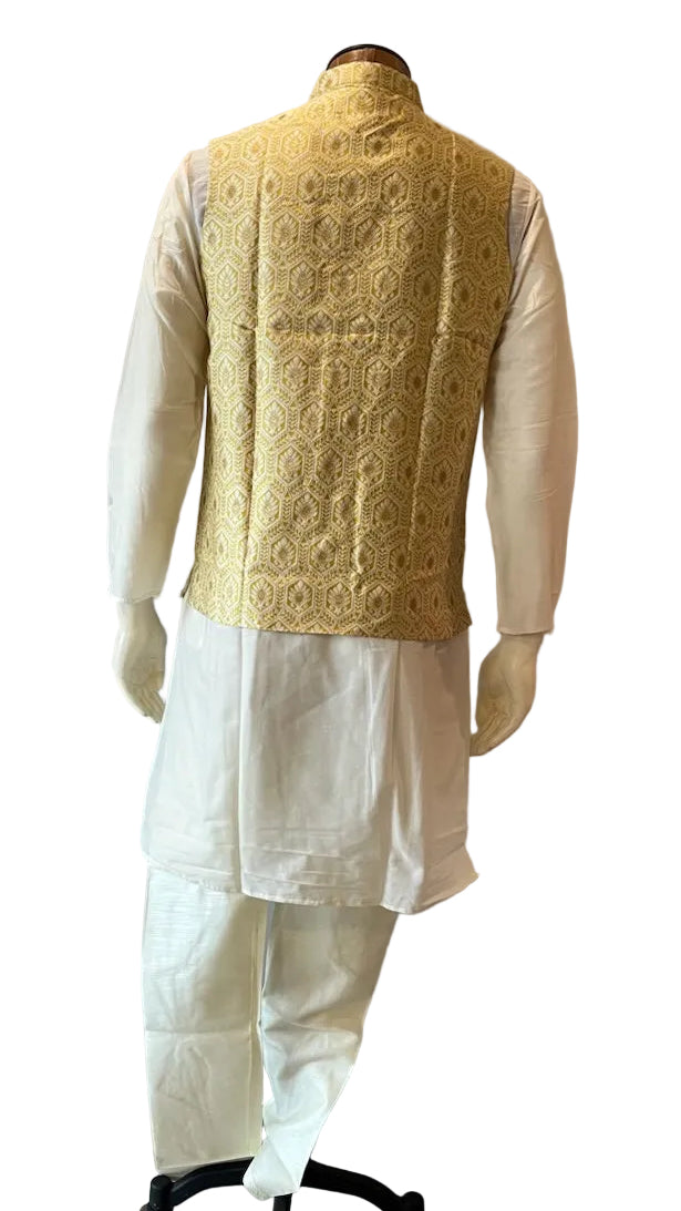 Cream & Yellow Kurta Vest Set