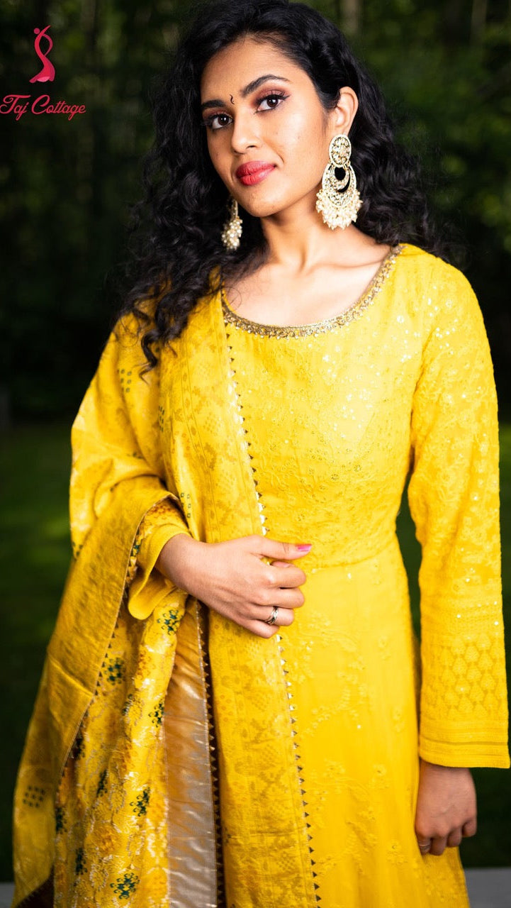 Yellow Gown with Banarasi Dupatta