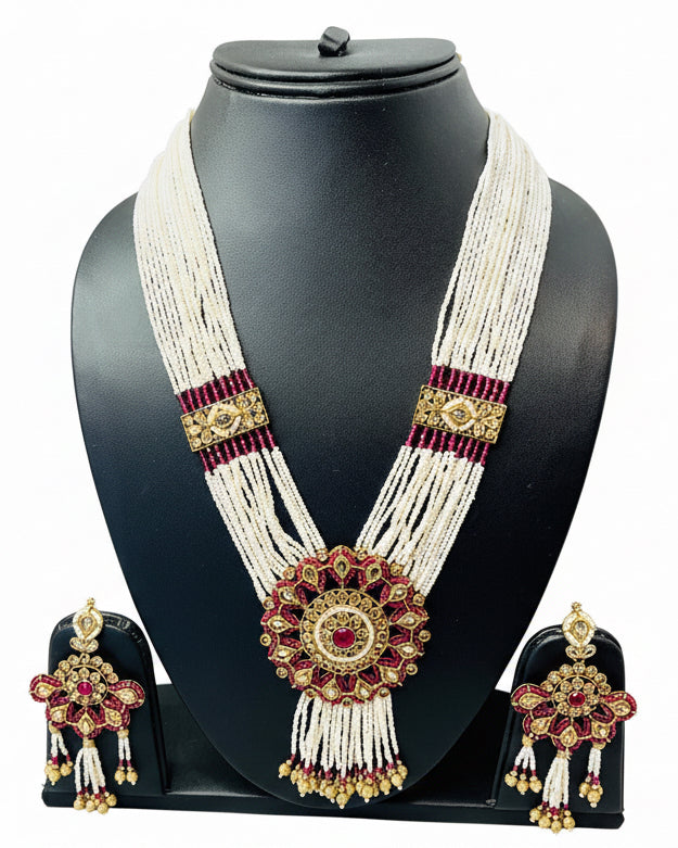 White Beads American Diamond Necklace Set