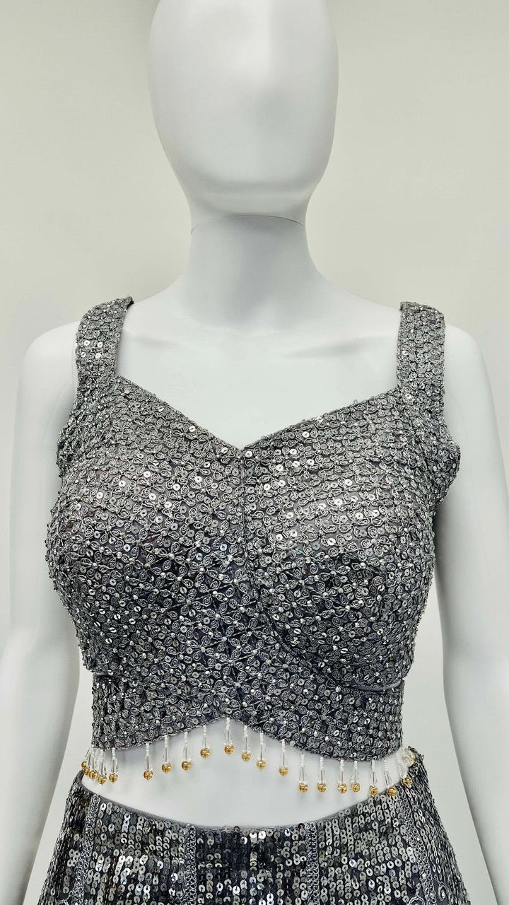 Grey Feathered Lehnga Set
