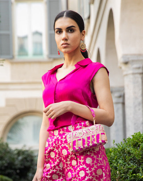 Fuchsia Banarasi Silk Clutch