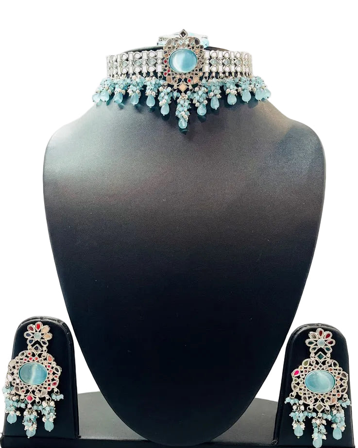 Sky Blue Kundan Choker Necklace Set