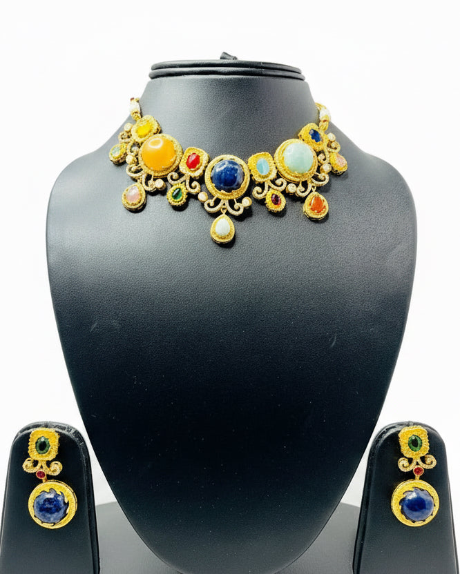 Sabyasachi Inspired Elegant Multi-Gemstone Choker Necklace Set