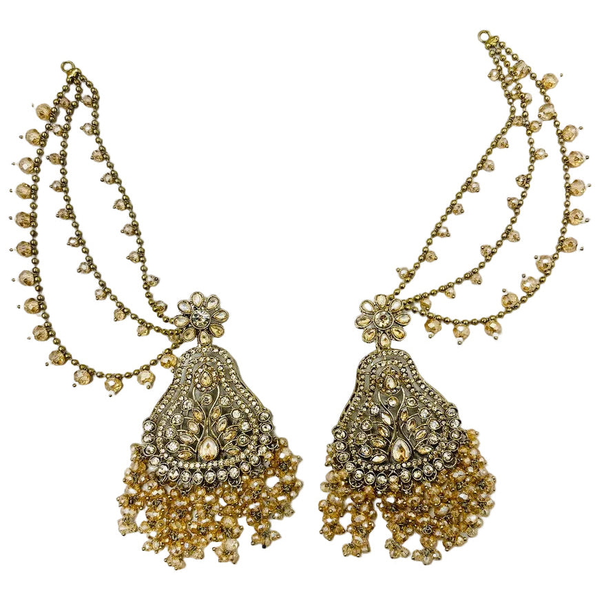 Gold Kundan Earrings With Ear Extensions & Pearls