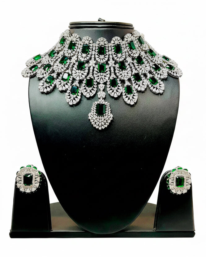 Green & White American Diamond Bridal Necklace Set