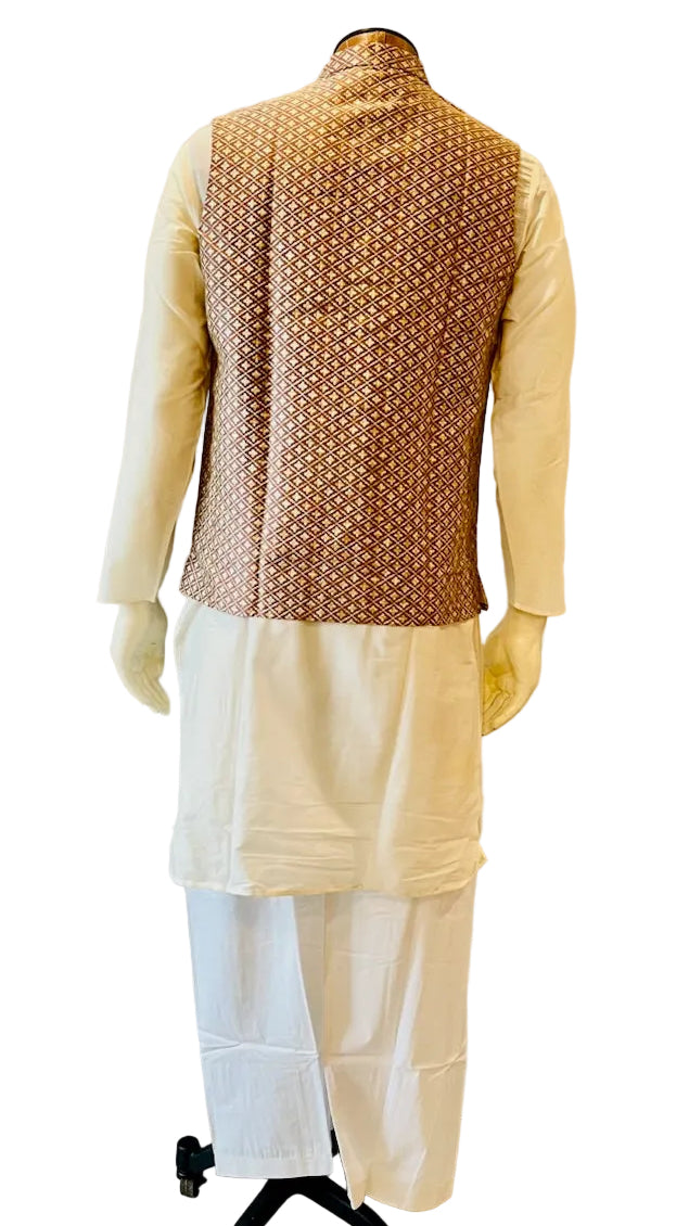 Cream & Maroon Kurta Vest Set