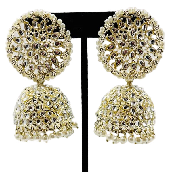 Gold-Plated.Pearl Kundan Jhumka Earrings