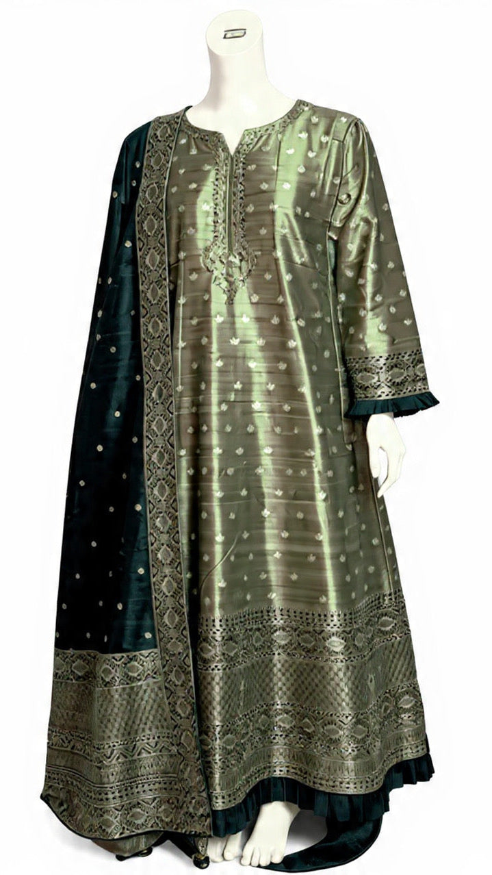 Sage Green Banaras Silk Anarkali