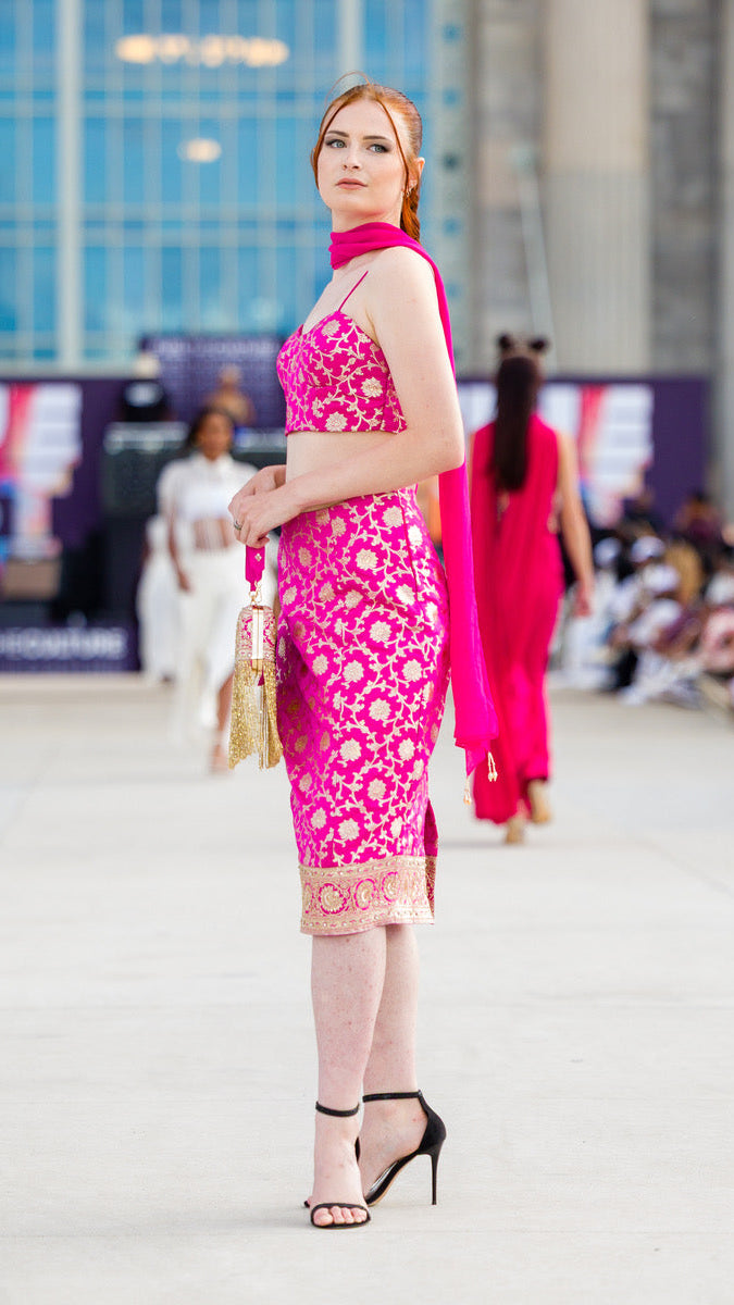 Pink Fitted Skirt with Crop Top