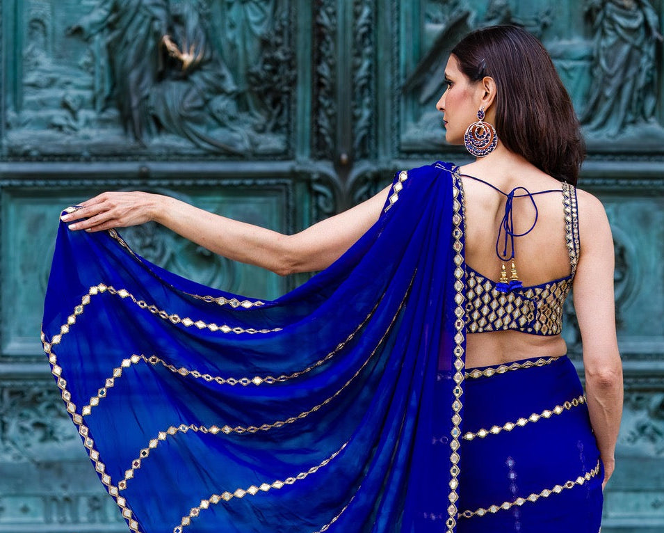 Blue & Gold Mirror Ready-made Saree