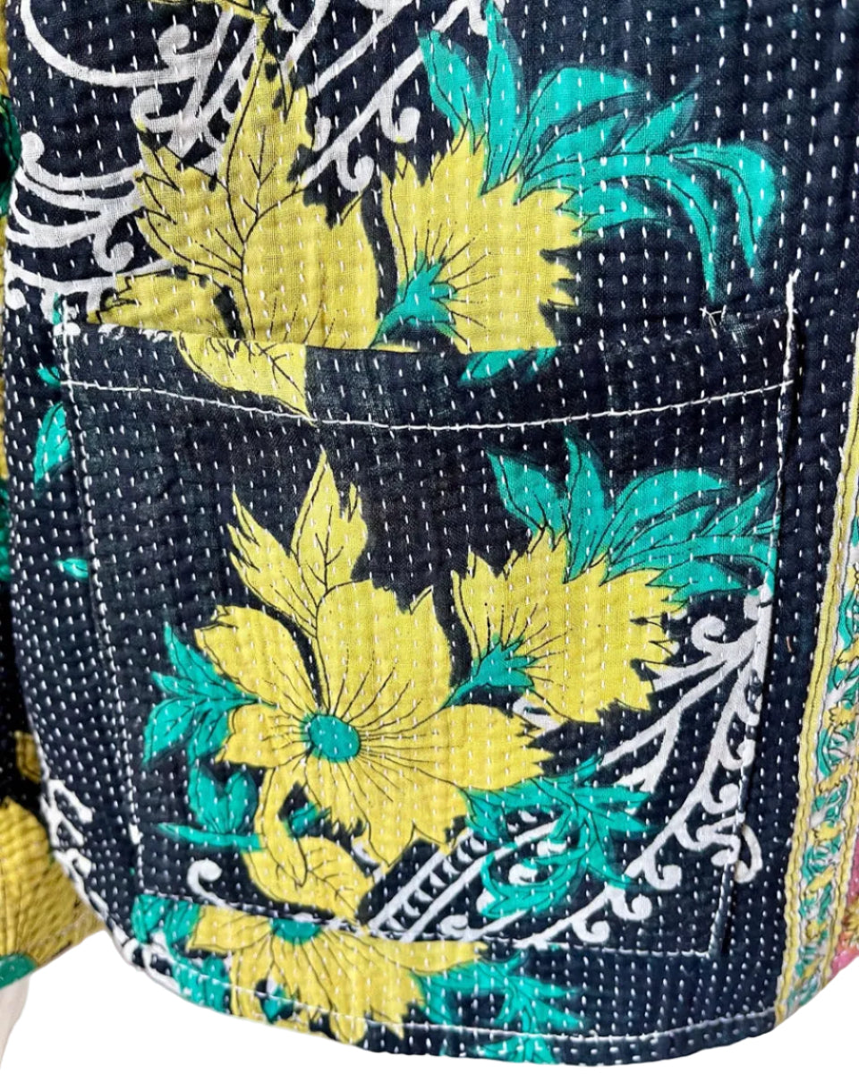 Blue & Yellow Floral Kantha Work Jacket