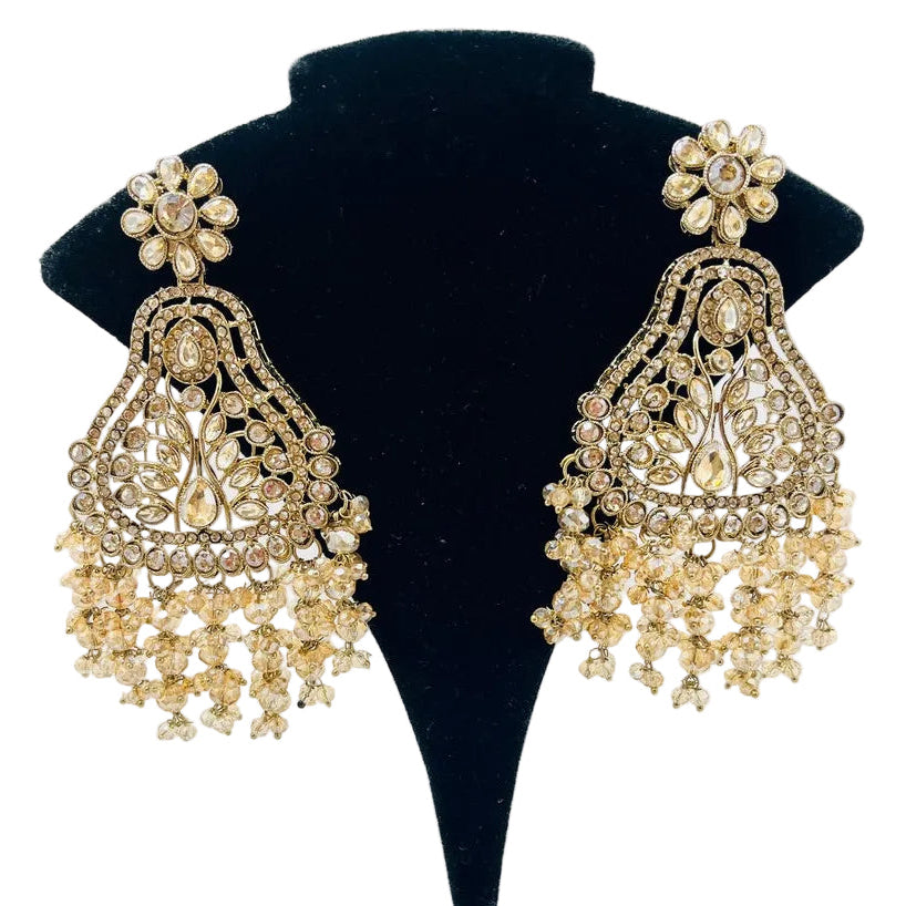 Gold Kundan Earrings With Ear Extensions & Pearls