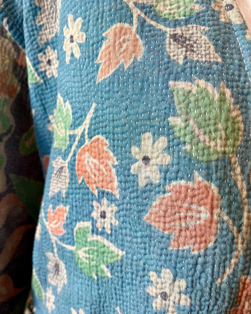 Blue Floral Upcycled Kantha Work Jacket