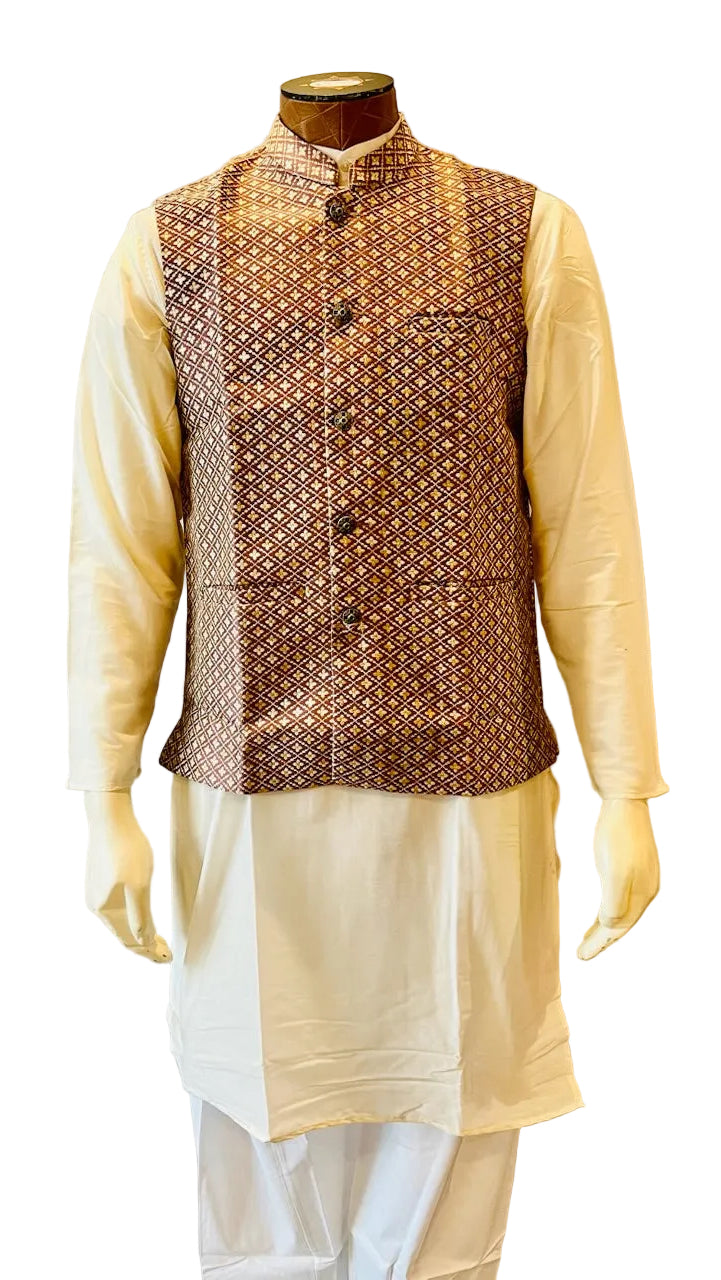 Cream & Maroon Kurta Vest Set