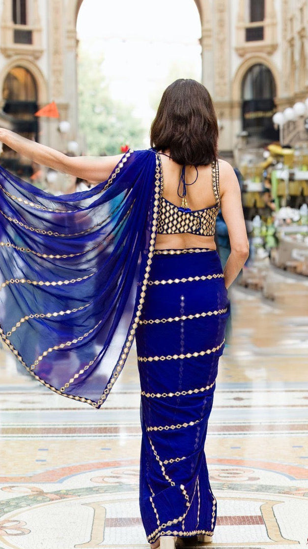 Blue & Gold Mirror Ready-made Saree