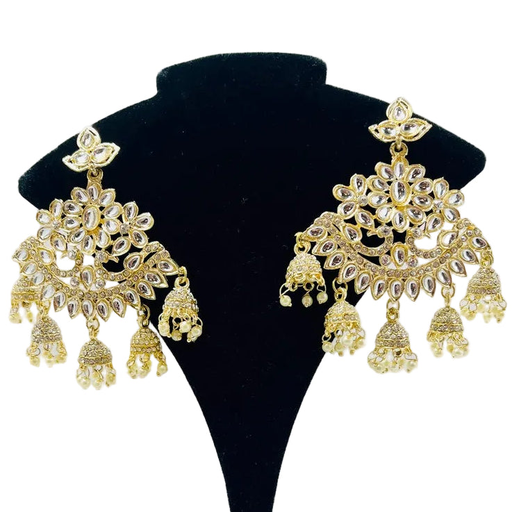 Gold Kundan Earrings With Ear Extensions