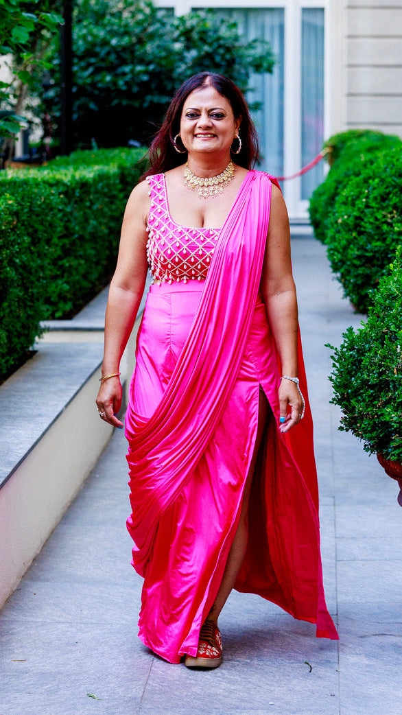Hot Pink Readymade Saree