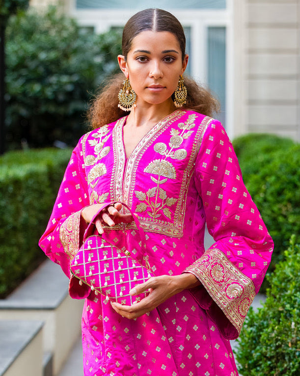 Fuchsia Banarasi Silk Clutch