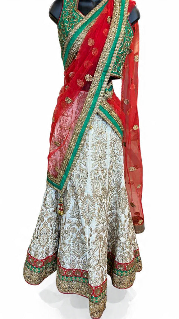 White & Red Embroidery Lehnga Set