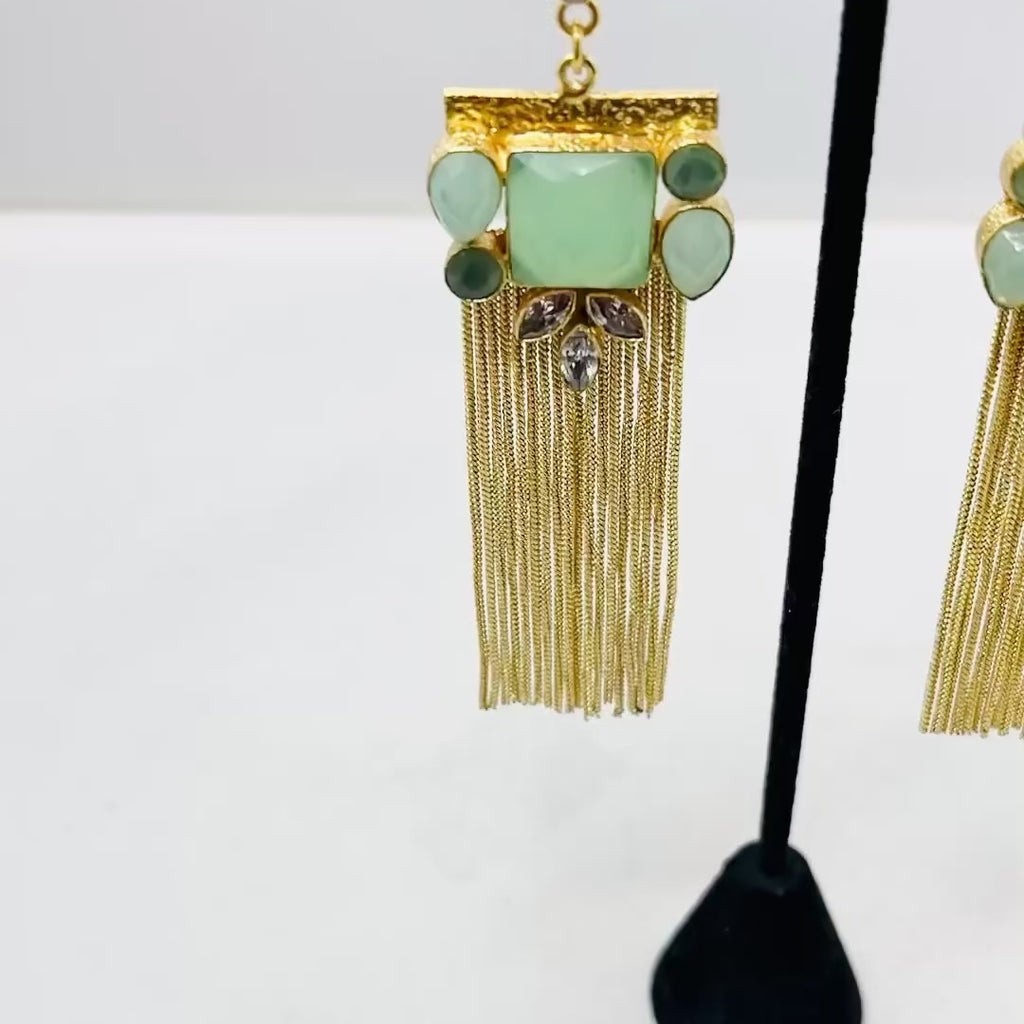 Sabyasachi Inspired Mint Green And Blue Gemstone Fringe Earrings