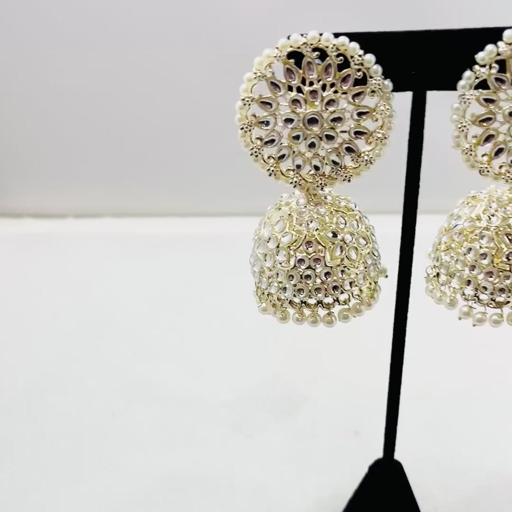 Gold-Plated.Pearl Kundan Jhumka Earrings